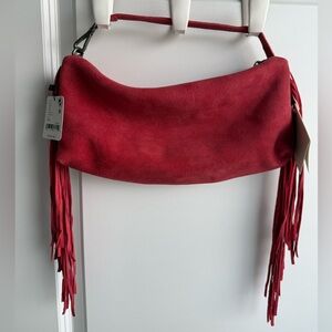 NWT Free People Finn Fringed Shoulder Bag Red Suede Festival Bohemian Western